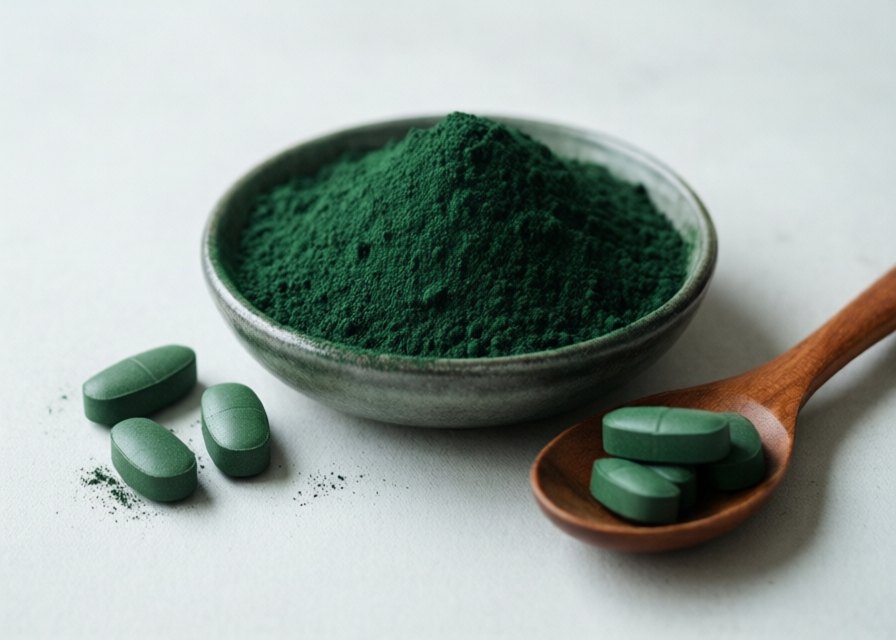 Deep green chlorella powder and pressed tablets