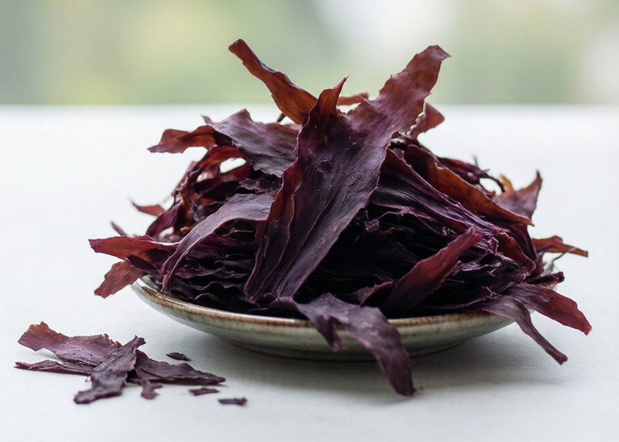 Dried reddish-purple dulse seaweed fronds