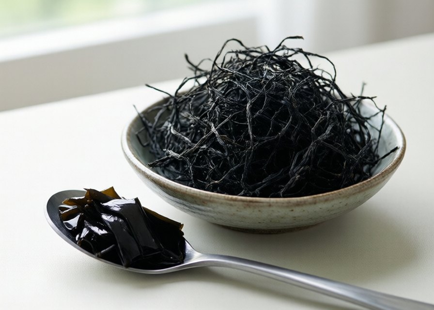 Small black wiry strands of dried hijiki seaweed in a bowl