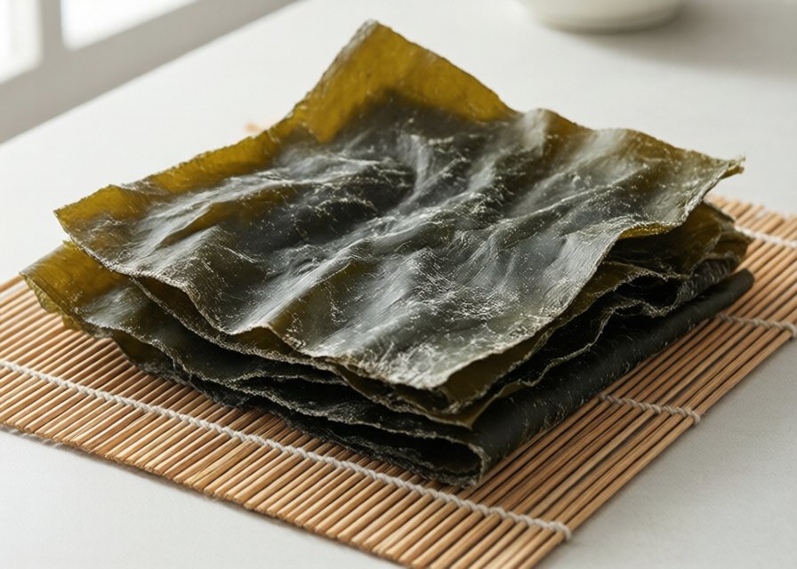 Wide dried strips of kombu kelp with white mineral bloom