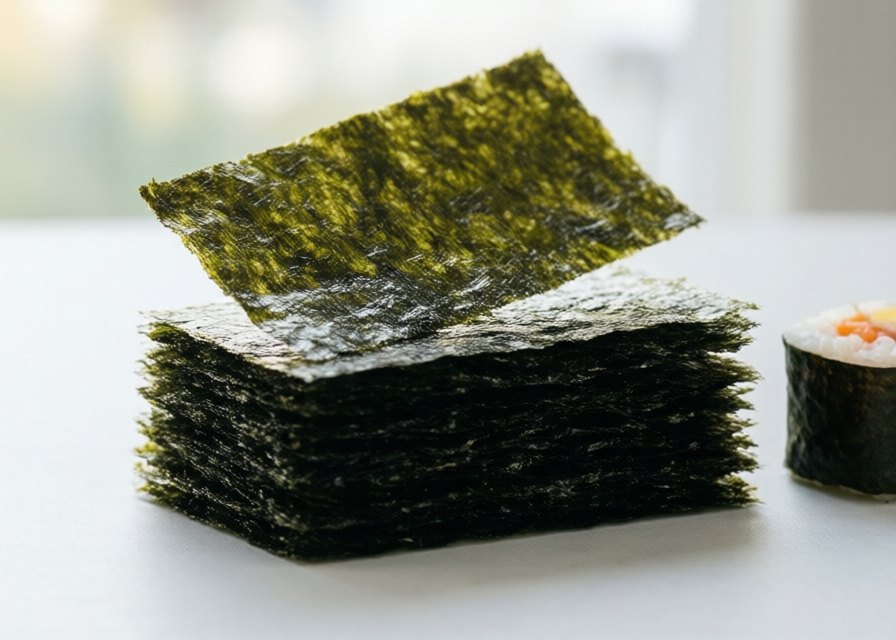 Stacked dark green sheets of dried nori seaweed