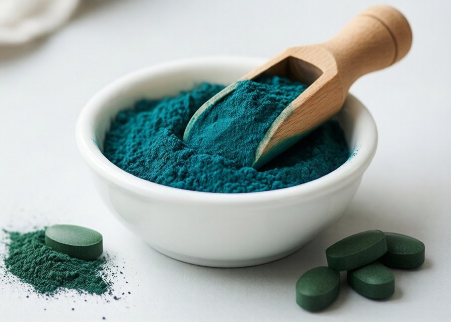 Blue-green spirulina powder in a bowl with a scoop and tablets