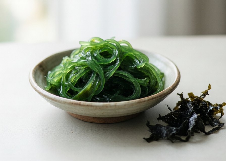 Rehydrated silky green wakame seaweed in a small bowl