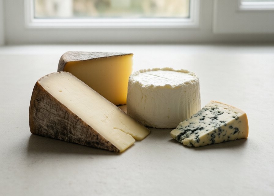 A selection of cheeses including cottage cheese and hard cheese