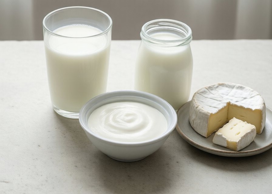 A range of dairy foods: milk, yoghurt and cheese