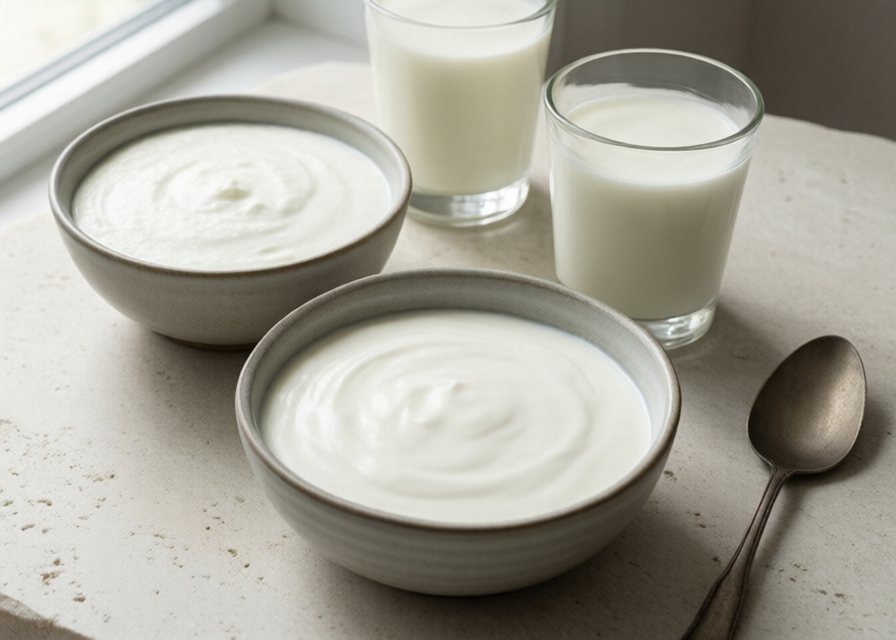 Kefir and live yoghurt in bowls