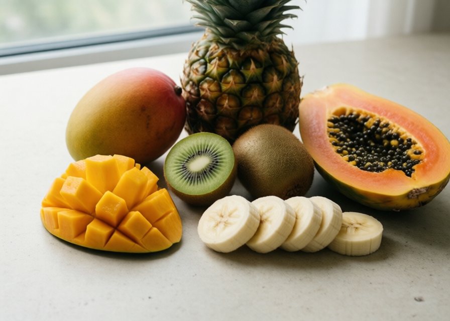 Tropical fruit: mango, banana, pineapple