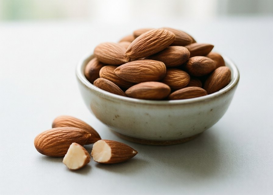 A bowl of raw whole almonds, one split open showing the pale interior