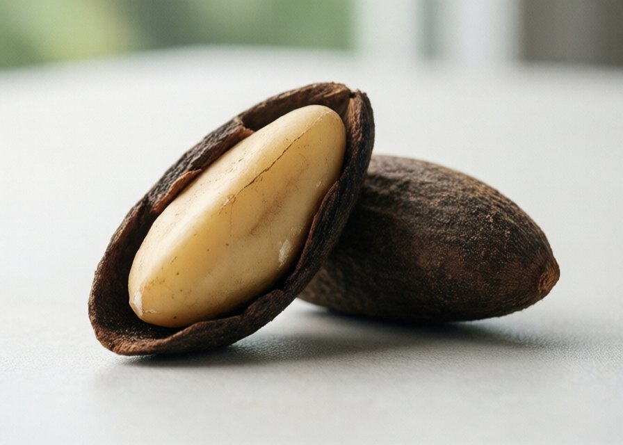 Shelled Brazil nuts with two still in their dark shells