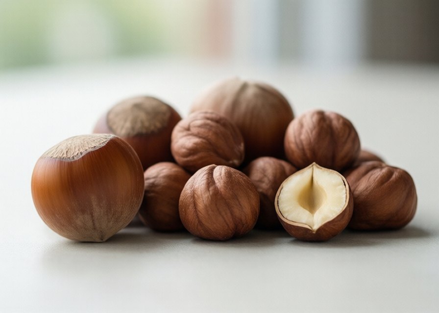 Hazelnuts in shells and shelled round kernels