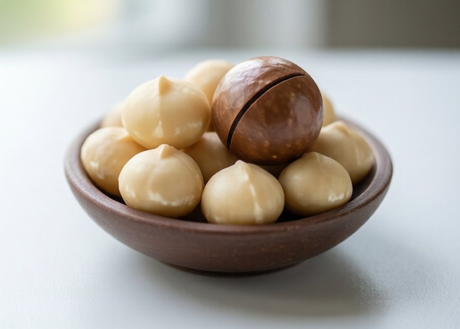 Creamy macadamia kernels with one nut in its round shell