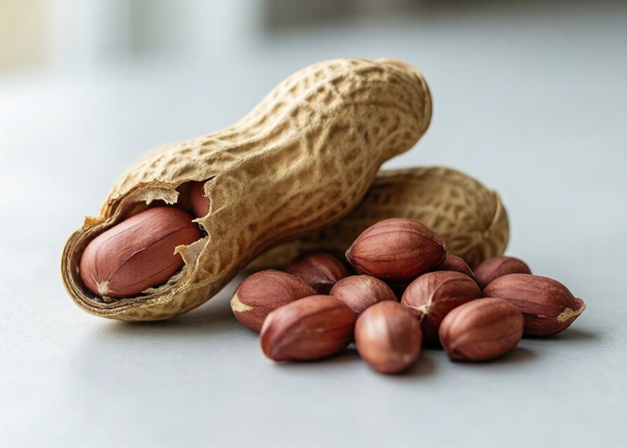 Peanuts in pods and shelled kernels with red skins