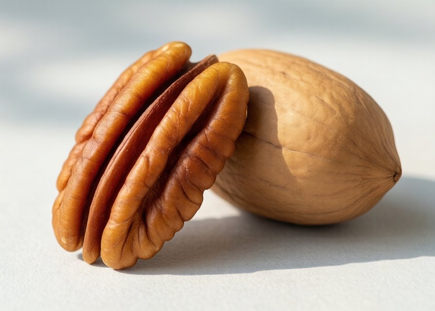 Pecan halves and a whole pecan in its oval shell
