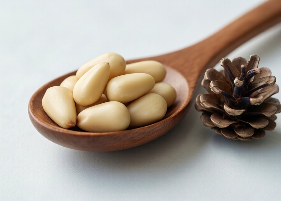 Pine nut kernels in a wooden spoon beside a small pine cone
