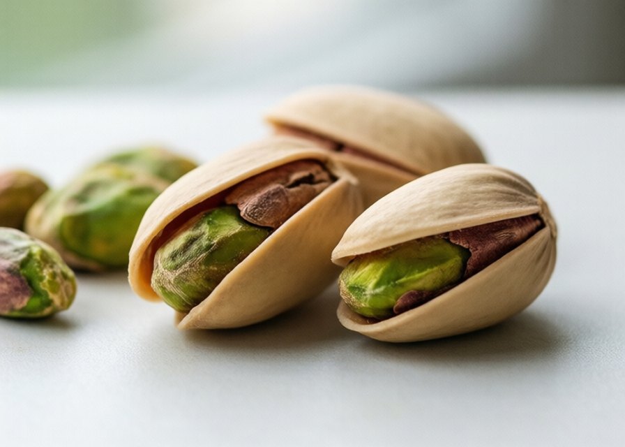 Pistachios in split shells revealing green kernels