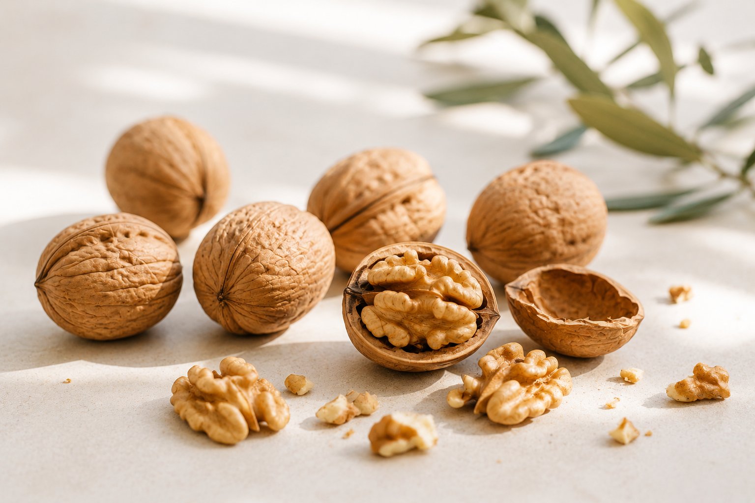 Walnut halves and a cracked walnut in its shell