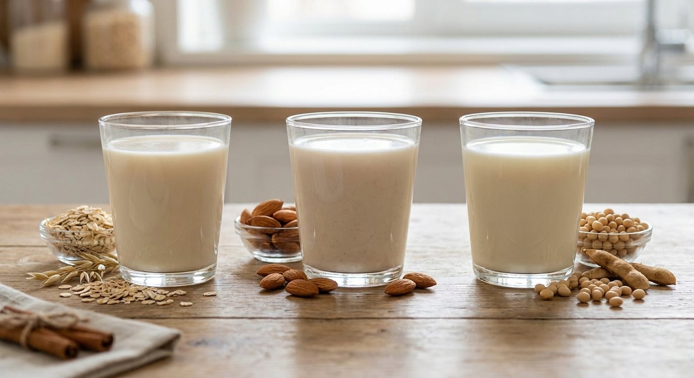 A range of plant milks: soy, oat, almond