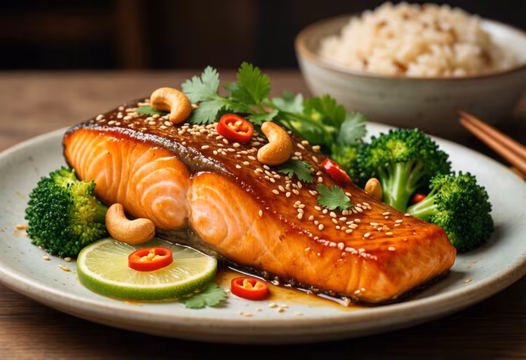 Asian-Style Baked Salmon with Broccoli, Lime & Cashews