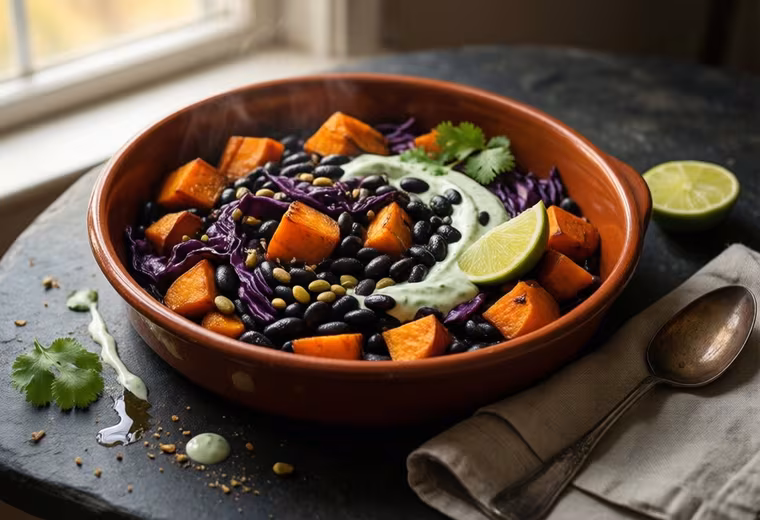 Autumn Roasted Sweet Potato & Black Bean Taco Bowl with Charred Cabbage and Lime‑Yogurt Crema