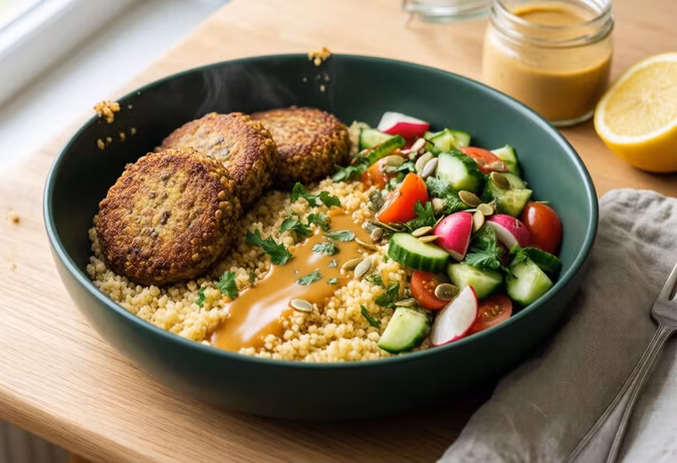 Baked Falafel-Spiced Lentil Patties with Warm Couscous & Chopped Spring Salad