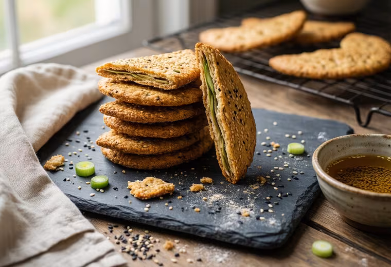 Baked Layered Scallion & Sesame Whole‑Wheat Cracker Wedges