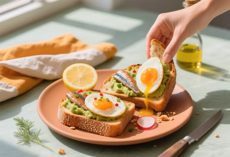 California Sardine Smash Toast with Avocado and Jammy Eggs