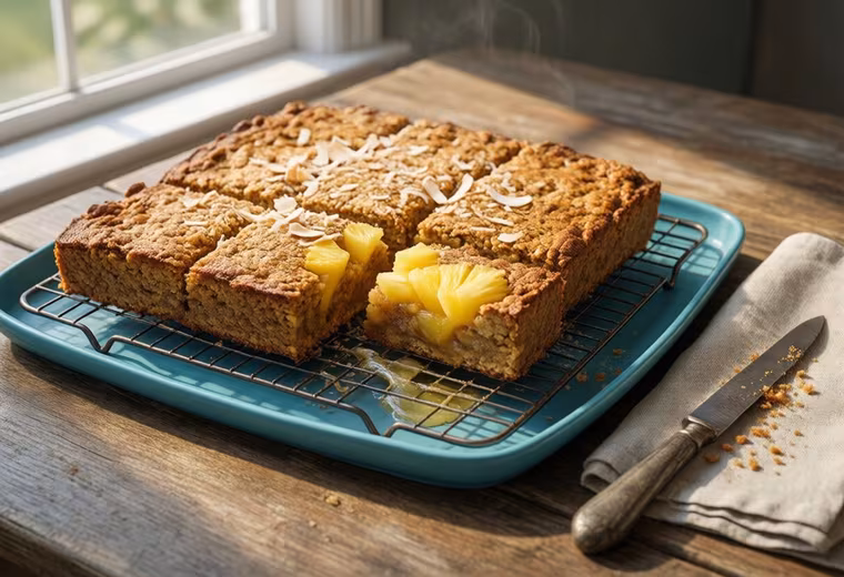Caribbean Pineapple & Coconut Baked Oatmeal Squares (Lower-Sugar, Whole Wheat)