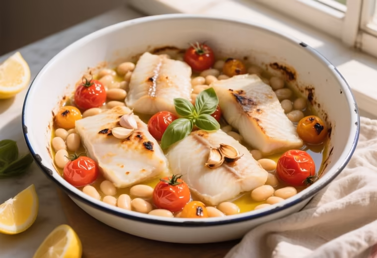 Cod al Forno with Cherry Tomatoes and Cannellini Beans