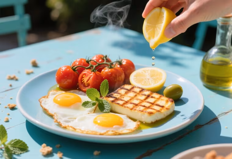 Cypriot Grilled Halloumi Breakfast Plate with Blistered Tomatoes & Fried Eggs