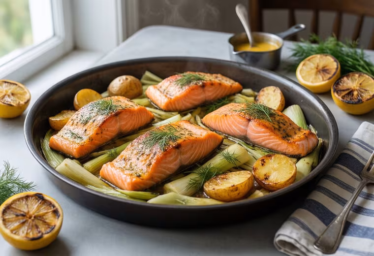 French Mustard-Herb Baked Salmon with Leeks & New Potatoes