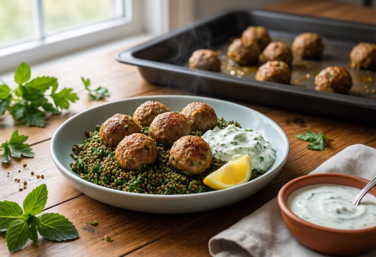 Greek Sheet-Pan Turkey Meatballs with Lentil Tabbouleh & Cucumber Tzatziki
