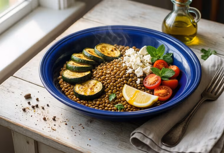 Greek Warm Lentil Mezze Plate with Roasted Zucchini & Feta