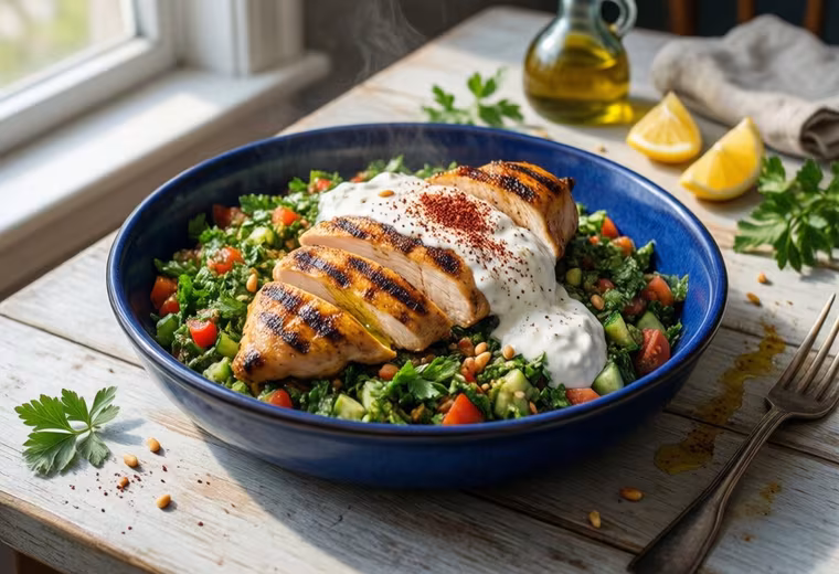 Grilled Chicken Tabbouleh Bowl with Garlic Yogurt