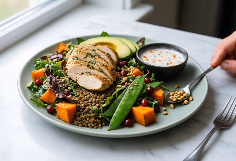 Herb Chicken, Sweet Potato & Lentil Salad with Chili-Yogurt Dressing