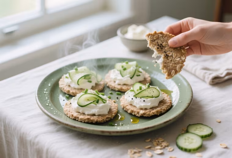 Herbed Wholegrain Oatcakes with Whipped Cottage Cheese and Cucumber