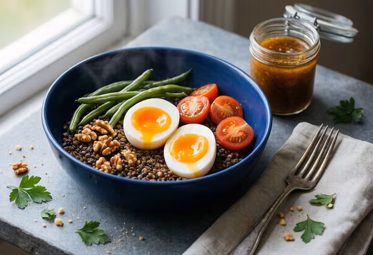 Make-Ahead Puy Lentil Bistro Lunch Box with Jammy Eggs & Dijon-Walnut Vinaigrette