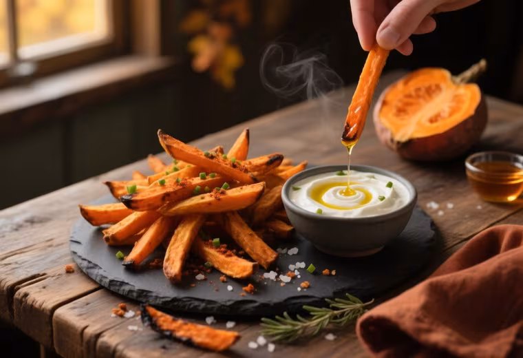 Maple-Chipotle Sweet Potato Fries with Whipped Feta-Yogurt Dip