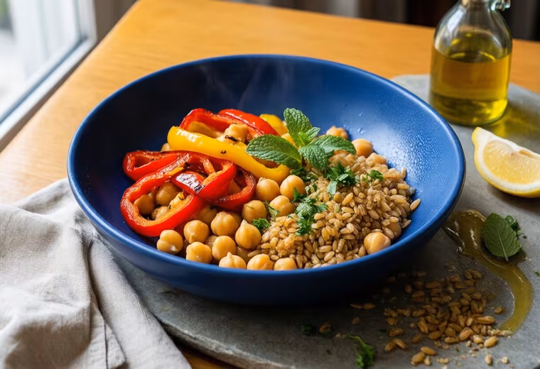 Mediterranean Farro & Chickpea Summer Bowl with Roasted Peppers