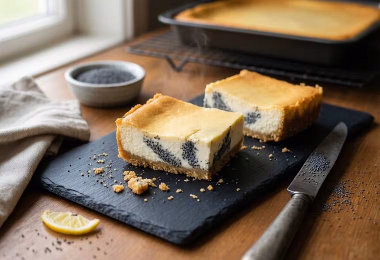 Mohn-Quark Spelt Cheesecake Bars