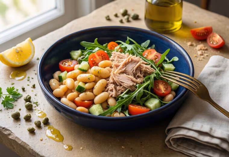 No‑Cook Cannellini, Tuna & Arugula Salad with Lemon‑Caper Dressing