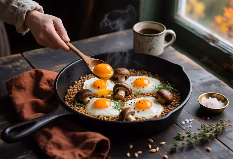 Nordic Barley & Mushroom Skillet with Cracked Eggs