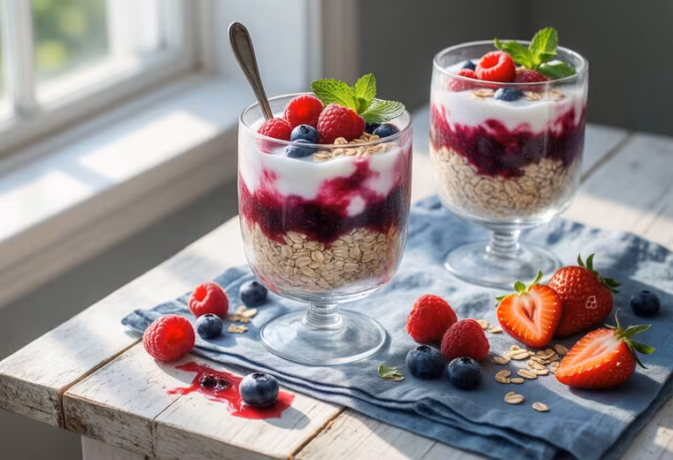 Nordic Overnight Oats with Crushed Summer Berries and Skyr Swirl
