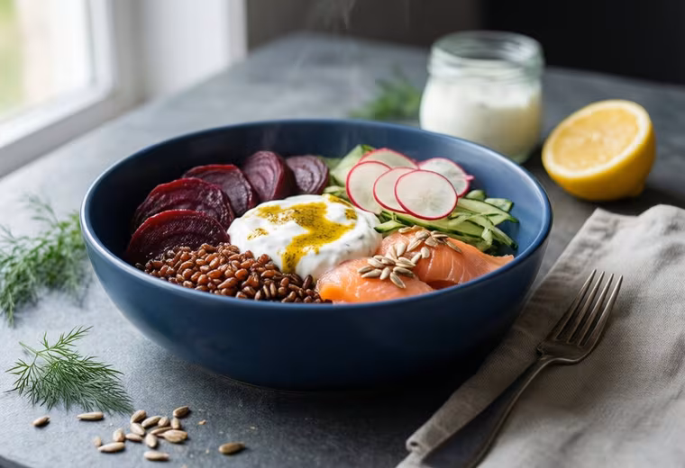 Nordic Whole Rye Grain Bowl with Smoked Salmon, Roasted Beets & Mustard‑Dill Yogurt