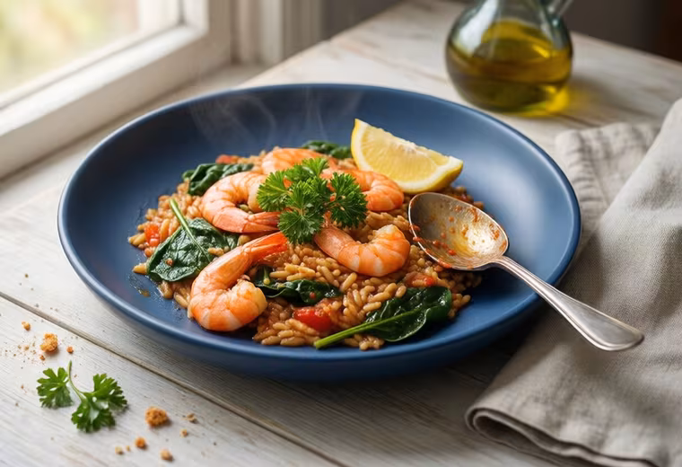 One‑Pan Tomato Orzo with Shrimp & Spinach