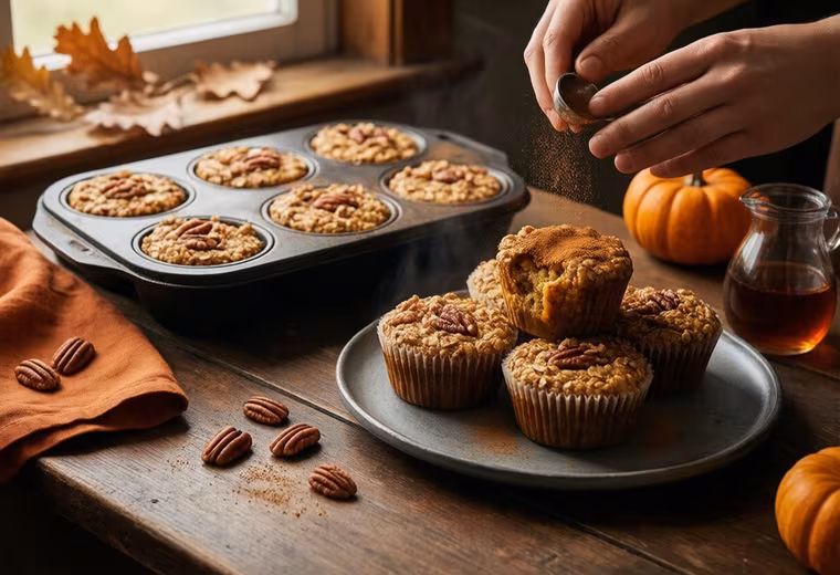Pumpkin Baked Oatmeal Cups with Maple-Pecan Crunch