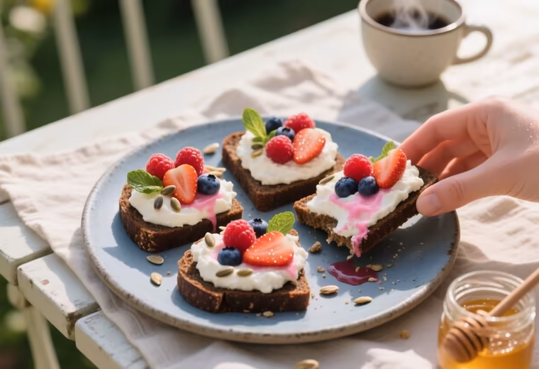 Rye Tartines with Whipped Quark, Summer Berries and Toasted Sunflower Seeds