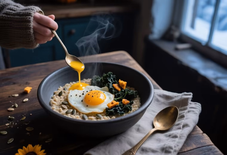 Scottish Savory Steel-Cut Oats with Poached Egg, Kale & Toasted Seeds