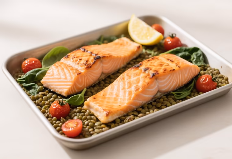 Sheet-Pan Salmon with Lentils & Wilted Greens