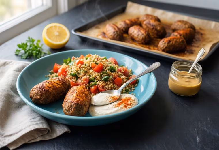 Sheet-Pan Turkey Kofta with Crisp Bulgur‑Tomato Salad & Tahini Yogurt