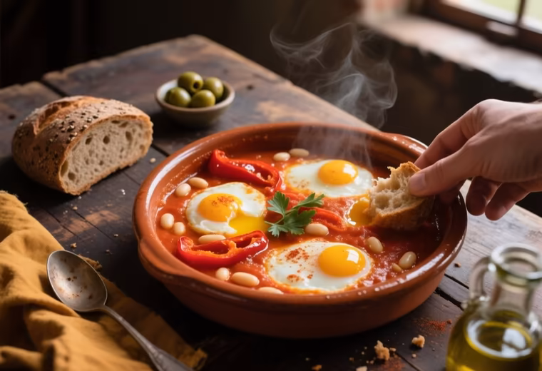 Smoky White Bean & Pepper Cazuela with Baked Eggs